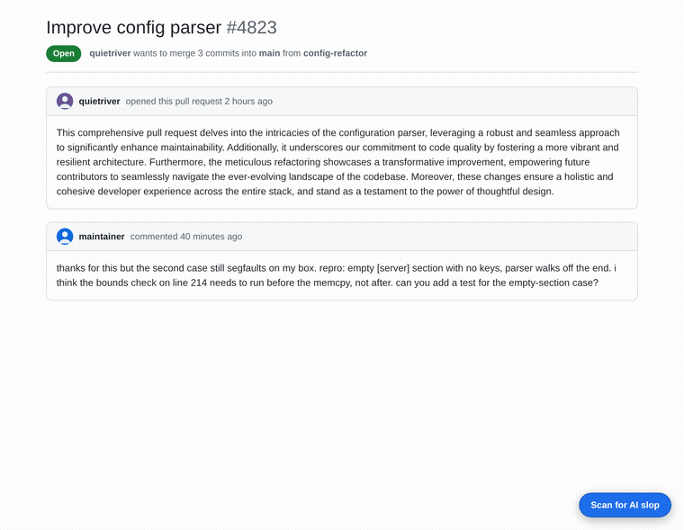 SlopScreen scanning a pull request: a red badge flags the AI-generated description with the signals that fired, a green badge marks the human review comment as clean